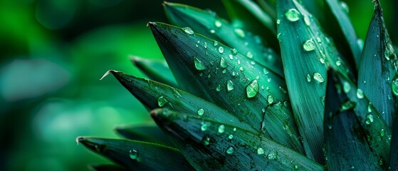 Wall Mural -  A tight shot of a green plant with dewdrops on its leaves against a softly blurred backdrop