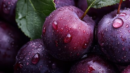 Canvas Print -  A tight shot of ripe plums with dewdrops and a green leaf above