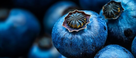 Poster -  A tight shot of several blueberries, with one smaller fruit nestled amongst them