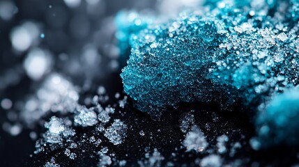 Sticker -  A tight shot of a blue-and-white glitter patch against a black backdrop, surrounded by softly blurred blue and white snowflakes