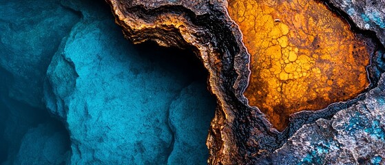 Canvas Print -  A tight shot of a rock formation revealing a blue-yellow deposit in its core, accompanied by a yellow center