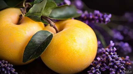 Poster -  A pair of yellow apples atop purple flowers and green leaves