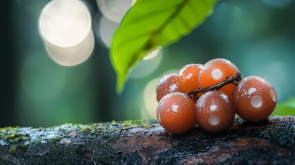 Poster -  A tight shot of ripe fruits glistening with water droplets on a tree branch, accompanied by a lush green leaf in the backdrop