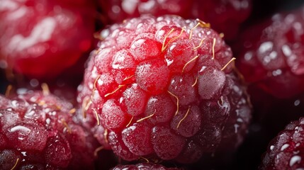 Poster -  A tight shot of numerous raspberries, each with a pearl-like drop of water atop