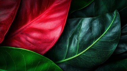 Canvas Print -  A close-up of a red leaf above two green leaves beneath it