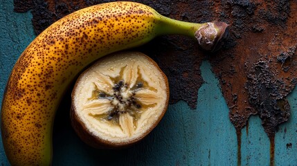 Poster -  A tight shot of a banana and a single piece of fruit against a backdrop of blue, rusted metal The metal's surface reveals peeling paint