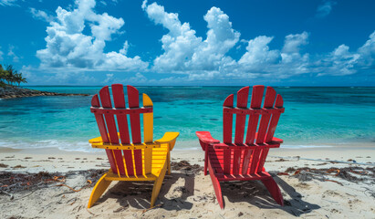 Two beach chairs, one yellow and one red, are sitting on the sand near the water. The chairs are facing the ocean, and the sky is blue with some clouds. The scene is peaceful and relaxing