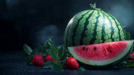 Poster -  A watermelon halved rests atop a mound of strawberries, accompanied by an additional watermelon piece