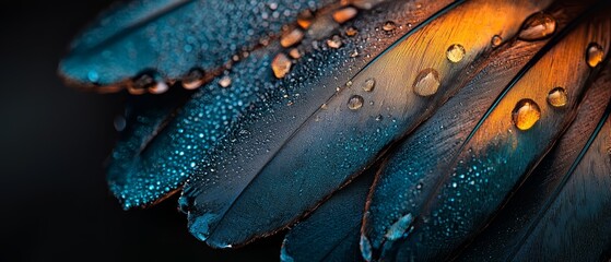 Poster -  A tight shot of a blue-yellow bloom against black backdrop, adorned with water droplets on its petals