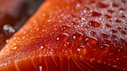 Canvas Print -  A tight shot of a morsel of food with water droplets clinging to it, against a backdrop of a distinct red object