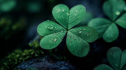 Wall Mural -  Four-leaf clover with dewdrops on petals and mossy rock in foreground