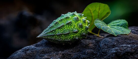 Canvas Print -  A tight shot of a leaf perched atop a rock, adorned with water droplets A verdant leaf sits above, mirroring the reflection in each dewdrop