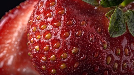 Canvas Print - water droplets glisten on its surface, a green leaf emerges from the top