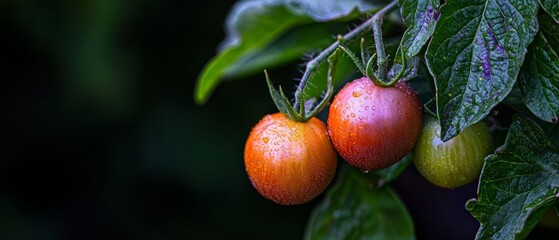 Poster -  A tight shot of a tree laden with fruit, branches adorned with foliage and droplets of water