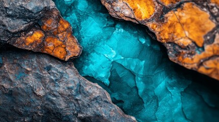 Poster -  A detailed shot of a rock formation displaying a blue-yellow deposit in its center, accompanied by a yellowish substance nestled within