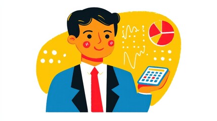 Wall Mural - Business analysis and forecasting: cartoon style illustration with calculator and graphs