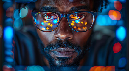 Sticker - A man with glasses is looking at the camera. The image has a blue and purple tint, giving it a cool and futuristic vibe