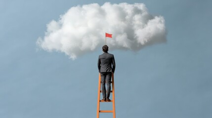 Business success concept: man on ladder reaching for cloud ambition