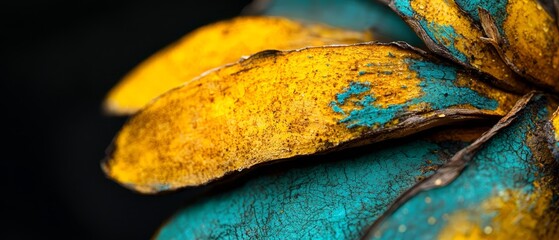 Poster -  A detailed image of bananas with peeling yellow and blue paint from their skins