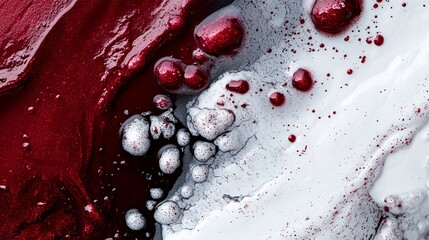 Wall Mural -  A tight shot of a red-and-white cake, adorned with pristine white icing and alternating red and white stripes