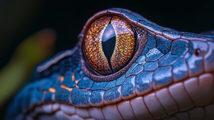 Poster -  A tight shot of a blue alligator eye featuring a yellow iris at its core