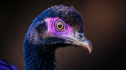 Sticker -  A tight shot of a bird's head portraying a vibrant hue scheme with shades of purple and blue on its visage