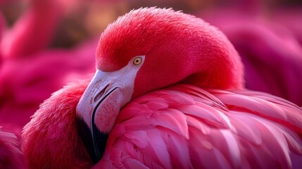  A tight shot of a solitary pink flamingo amidst a backdrop of numerous others