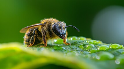 Poster -  A tight shot of a bee atop a wet leaf, water droplets adorning its back, background softly blurred