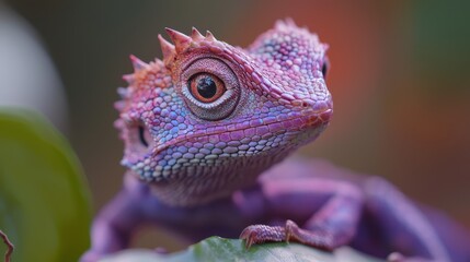 Canvas Print -  A tight shot of a lizard's expressive face atop a vibrant green leaf, surrounded by an softly blurred background