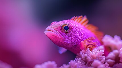 Wall Mural -  A tight shot of a rosy fish against a backdrop of purple corals, surrounded by additional corals in the vicinity