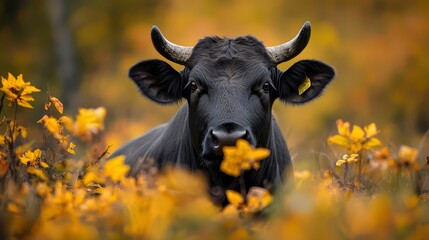 Sticker -  A tight shot of a cow amidst a flower-filled meadow, dotted with trees in the backdrop, and a blanket of yellow blooms before it