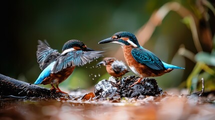 Wall Mural -  A pair of birds perched together atop a mound of dirt, adjacent to a body of water