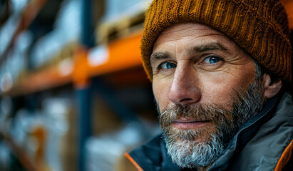 A man with a beard and a yellow hat is standing in front of a warehouse. He has a serious expression on his face