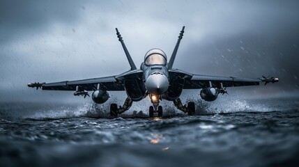 Canvas Print -  A jet flies above water in the heart of the ocean, landing gear extended