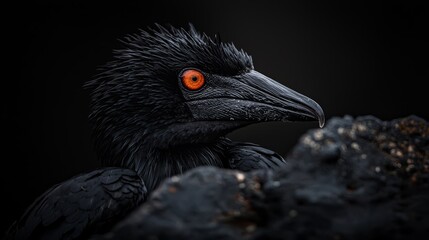 Poster -  A tight shot of a black bird with a glowing red beady eye A rock prominently sits in the foreground