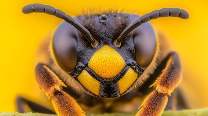 Sticker -  A tight shot of a yellow and black insect's head and legs atop a green stem against a sunny backdrop