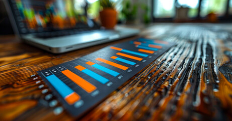 A laptop is on a wooden table with a stack of graphs and a potted plant. The graphs are colorful and arranged in a way that suggests they are data visualizations