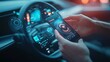 © Aziz - Smart car control appliction concept.Hands holding mobile phone on blurred car as background