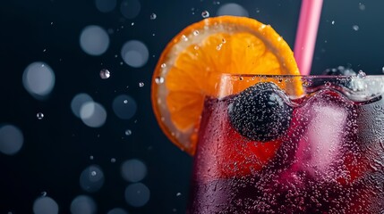 Canvas Print -  A tight shot of a drink in a glass, garnished with an orange slice and blackberries atop the rim