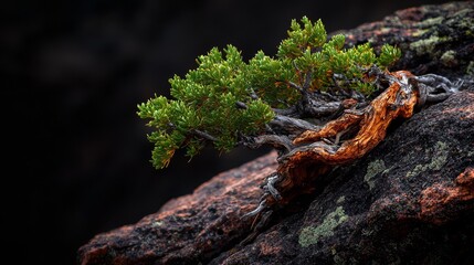 Canvas Print -  A small tree sprouts from a rock fissure, its mossy crown emerging