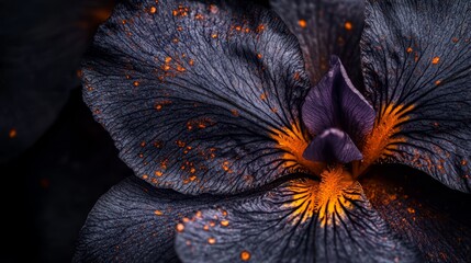 Canvas Print -  A purple flower against a black backdrop, showcasing its yellow stamens embedded within the petals