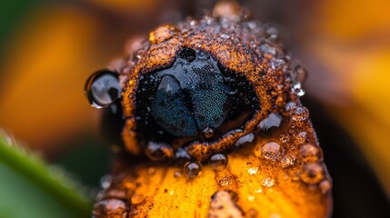 Poster -  A tight shot of a yellow flower with dewdrops on its petals and a green leaf in the backdrop