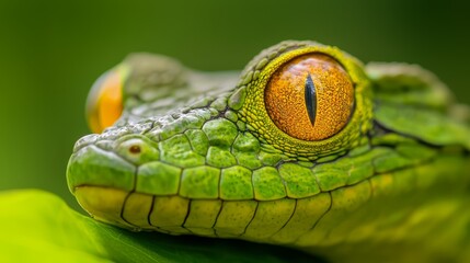 Poster -  A tight shot of a green lizard's eye, surrounded by a foreground of a green leaf, and a background of uninterrupted greenery