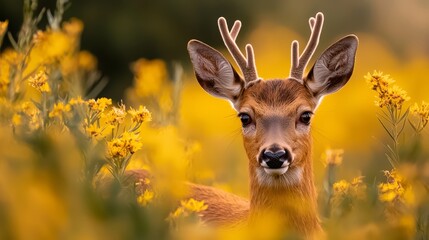 Wall Mural -  A tight shot of a deer among foreground flowers , backdrop of blurred yellow blossoms