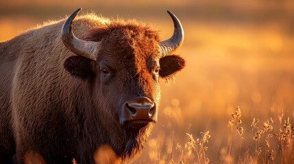 Sticker -  A tight shot of a bison in a sea of towering grasses, bathed in sunlight that illuminates its face