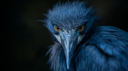 Poster -  A blue bird with a large beak and an elongated neck against a black backdrop