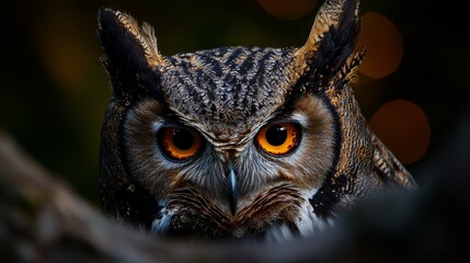  A tight shot of an owl's expressive face, its eyes bright orange, surrounded by a softly blurred backdrop of twinkling lights