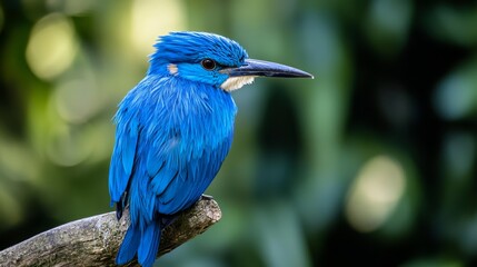 Poster -  A blue bird perched on a branch against a green backdrop of leafy vegetation Background features a soft, blurred depiction of trees