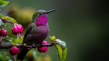 Canvas Print -  A hummingbird rests on a tree branch, berries in foreground, raindrops in background