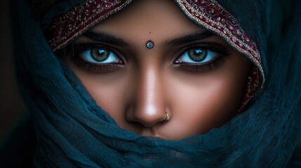 Wall Mural -  A tight shot of a woman's face Her blue eyes gaze intently She wears a blue shawl draped over her head